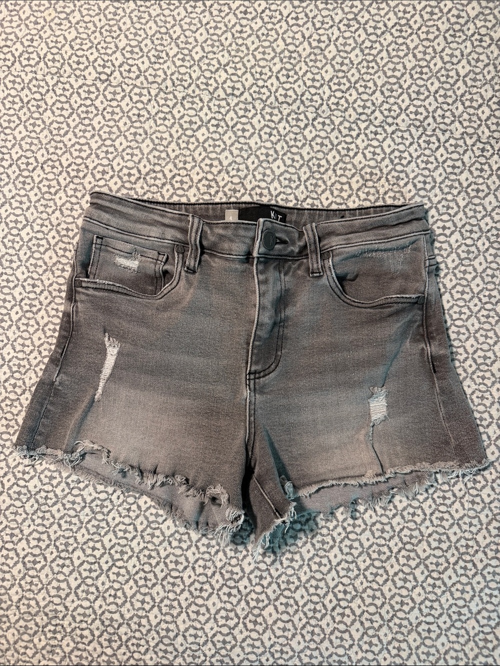 Kut from the Kloth Gray Distressed Frayed-Hem Denim Shorts